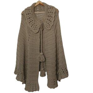 Handmade Crocheted Womens OSFA Sweater Shawl Collared Beige Pom Pom Cottagecore